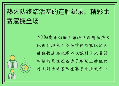 热火队终结活塞的连胜纪录，精彩比赛震撼全场