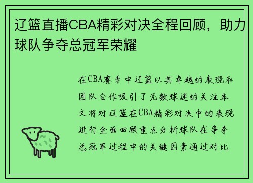 辽篮直播CBA精彩对决全程回顾，助力球队争夺总冠军荣耀