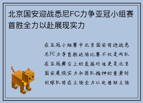 北京国安迎战悉尼FC力争亚冠小组赛首胜全力以赴展现实力