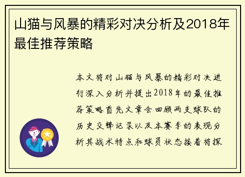 山猫与风暴的精彩对决分析及2018年最佳推荐策略